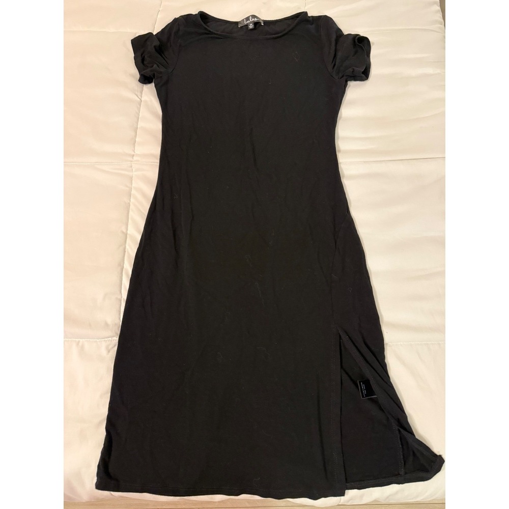Lulus Black Short Sleeve Midi Dress Side Slit Jersey Knit Crew Neck Womens M
